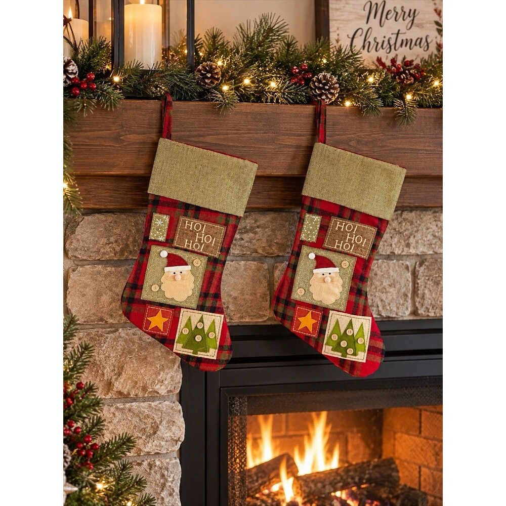 Plaid Green Red Christmas Stockings Santa Trees Star NWT 17.5 X 10.5 In